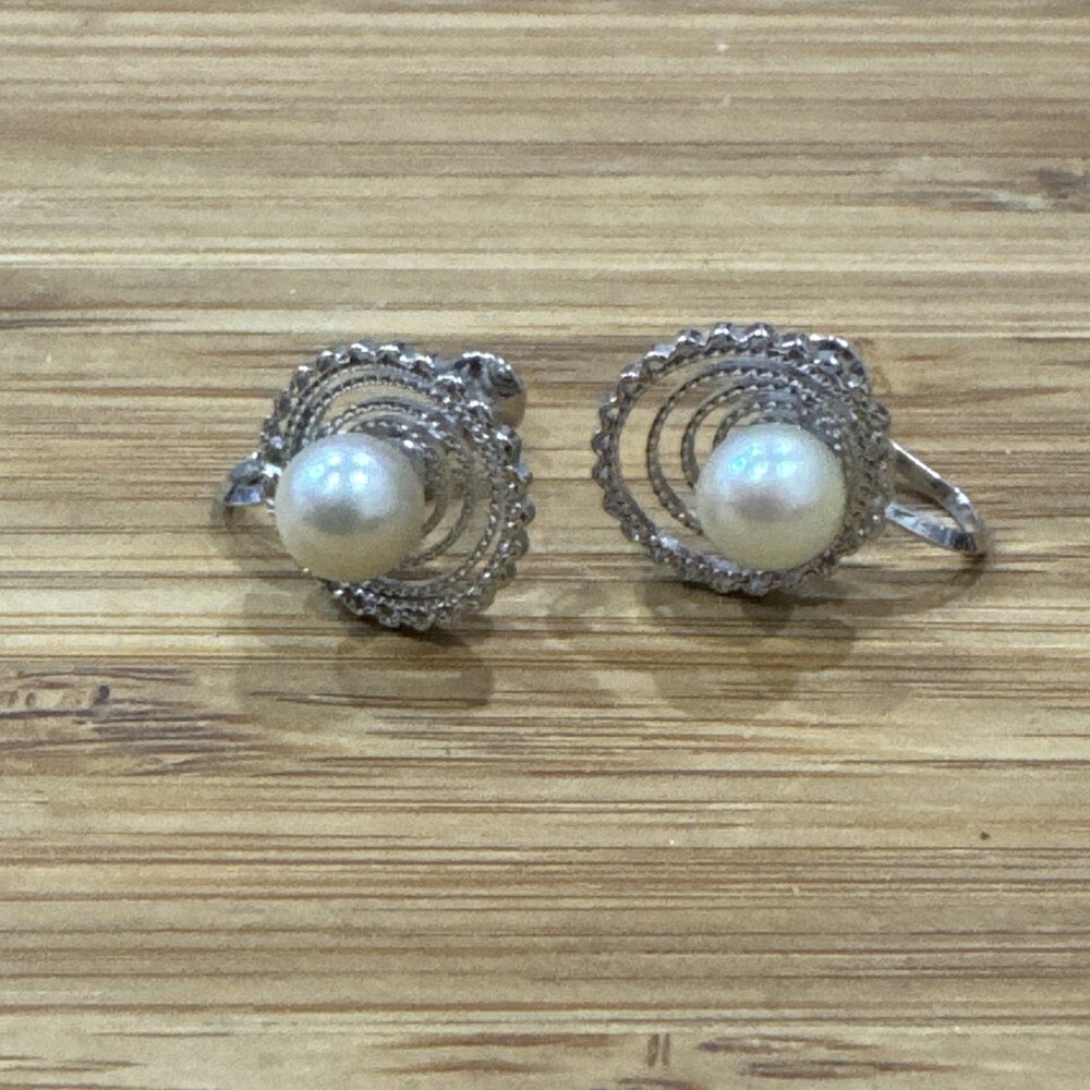 Vintage Sterling Silver Genuine Pearl Screw Back Earrings Swirl Floral